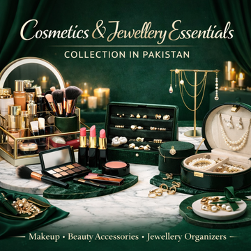 Makeup and jewellery essentials collection featuring organizers, trays, and accessories, styled for modern homes in Pakistan.