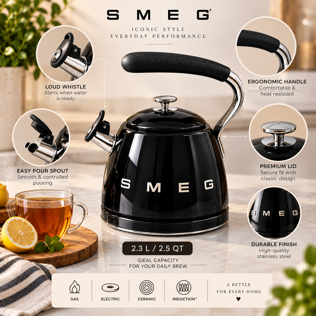 SMEG Whistling Kettle 2.3L – Black 50’s Style Stovetop Tea Kettle