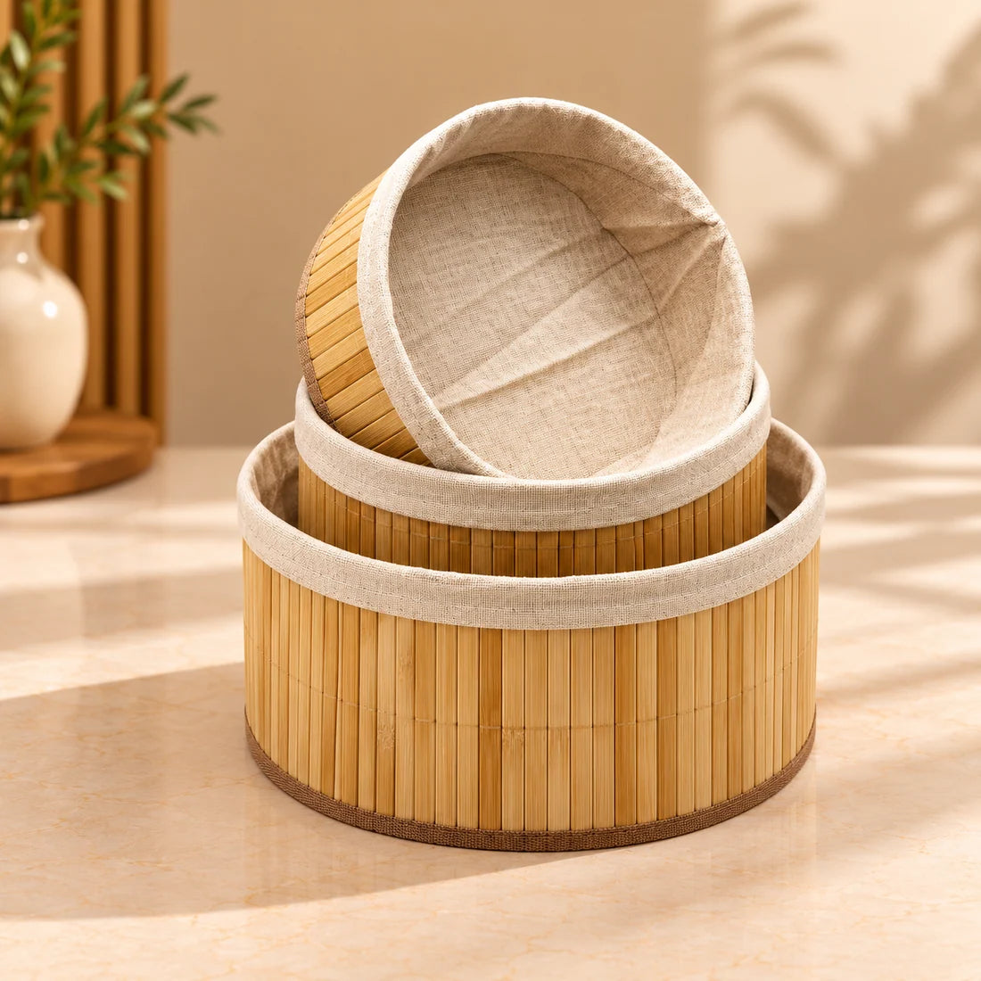 Luxe Bamboo Storage Basket Set – 3 Pcs | Round