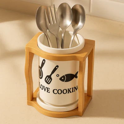 Premium Ceramic Cutlery Holder with Wooden Stand