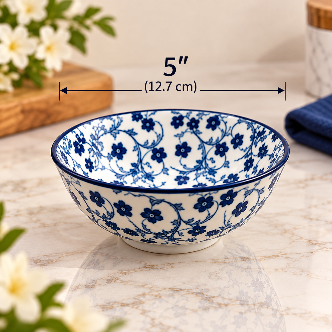 Blue & White Floral Ceramic Bowl – Decorative Serving & Mixing Bowl | 5"