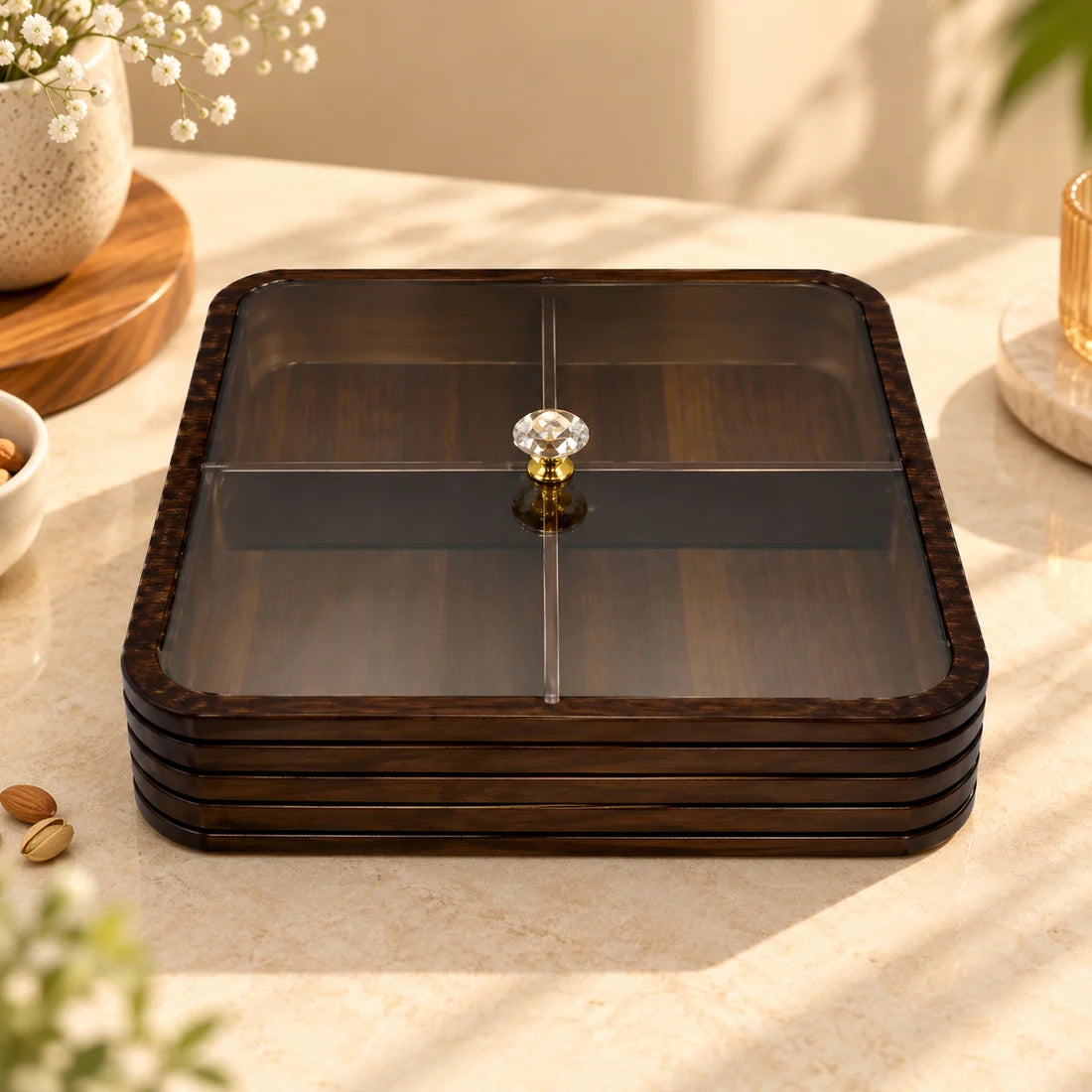 Premium Bamboo Dry Fruit Box with Plastic Lid – 4 Compartments | Dark Walnut