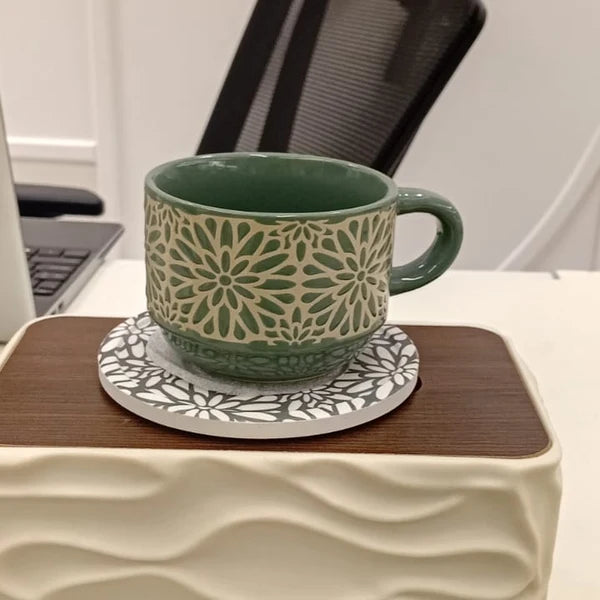 Green Floral Ceramic Cup & Saucer Set