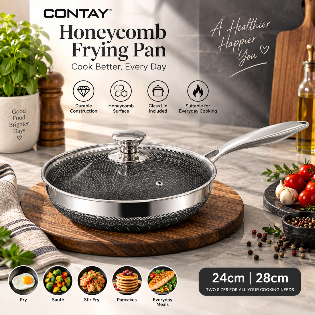 Honeycomb Frying Pan with Glass Lid – 24cm & 28cm
