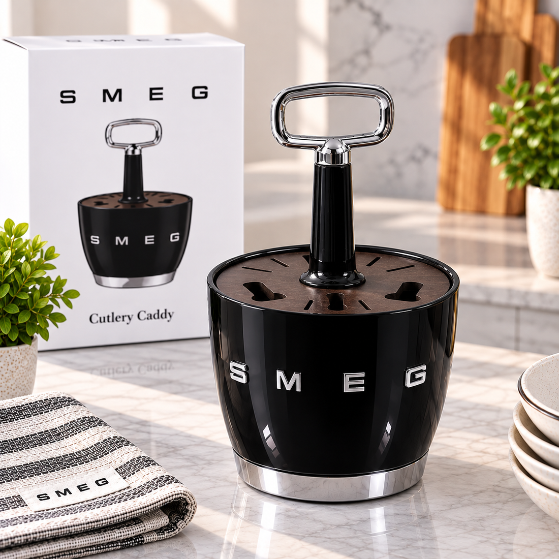 SMEG Cutlery Caddy – Kitchen Utensil Holder – Black