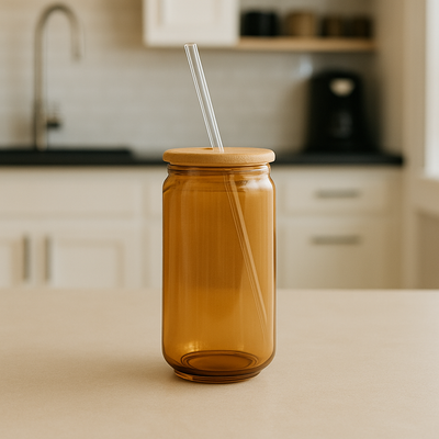 Premium Glass Can Cup with Bamboo Lid & Reusable Straw