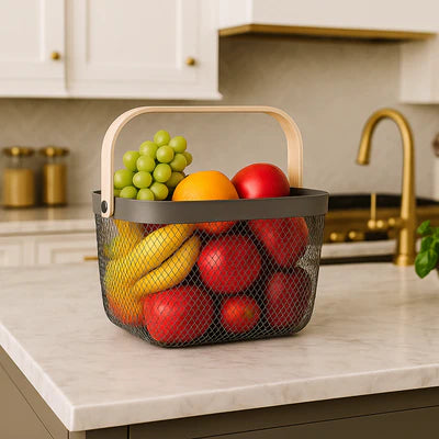 Fruit Mesh Basket With Wooden Handle