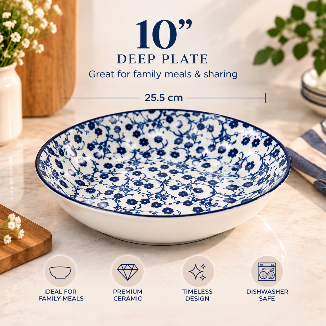 Blue Floral Ceramic Deep Plate | Premium Serving & Dining Dish