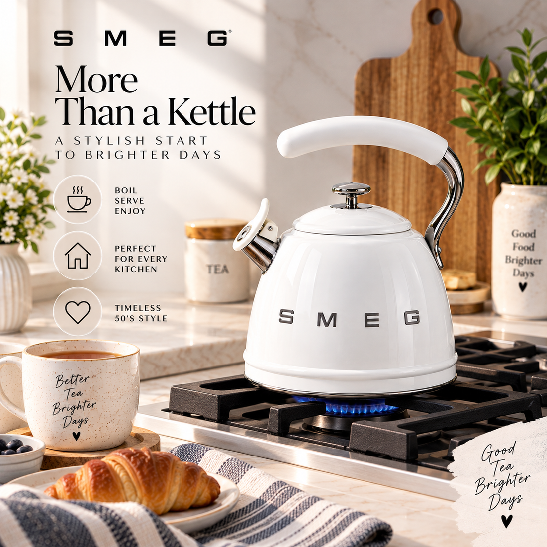 SMEG Whistling Kettle 2.3L – White 50’s Style Stovetop Tea Kettle
