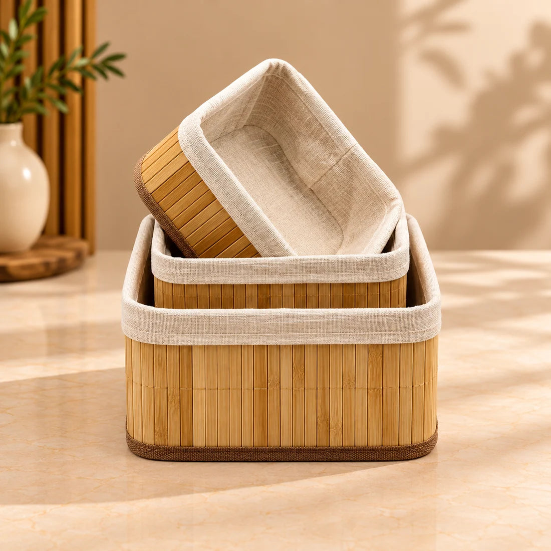 Luxe Bamboo Storage Basket Set – 3 Pcs | Square