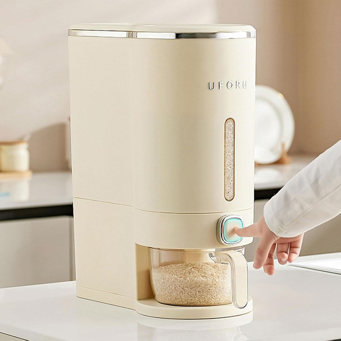 Moistureproof Rice Dispenser with Lid Measuring Cup, Cereal/Rice Dispenser Bucket Food Organization for Home Kitchen