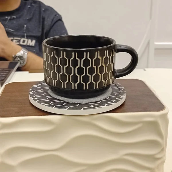 Black Geometric Ceramic Cup & Saucer Set