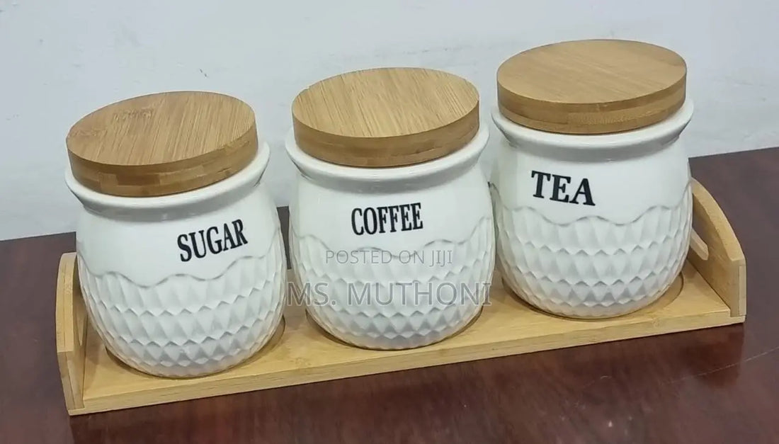 3-Piece Porcelain Air Tight Jar Set With Real Bamboo Wood Stand