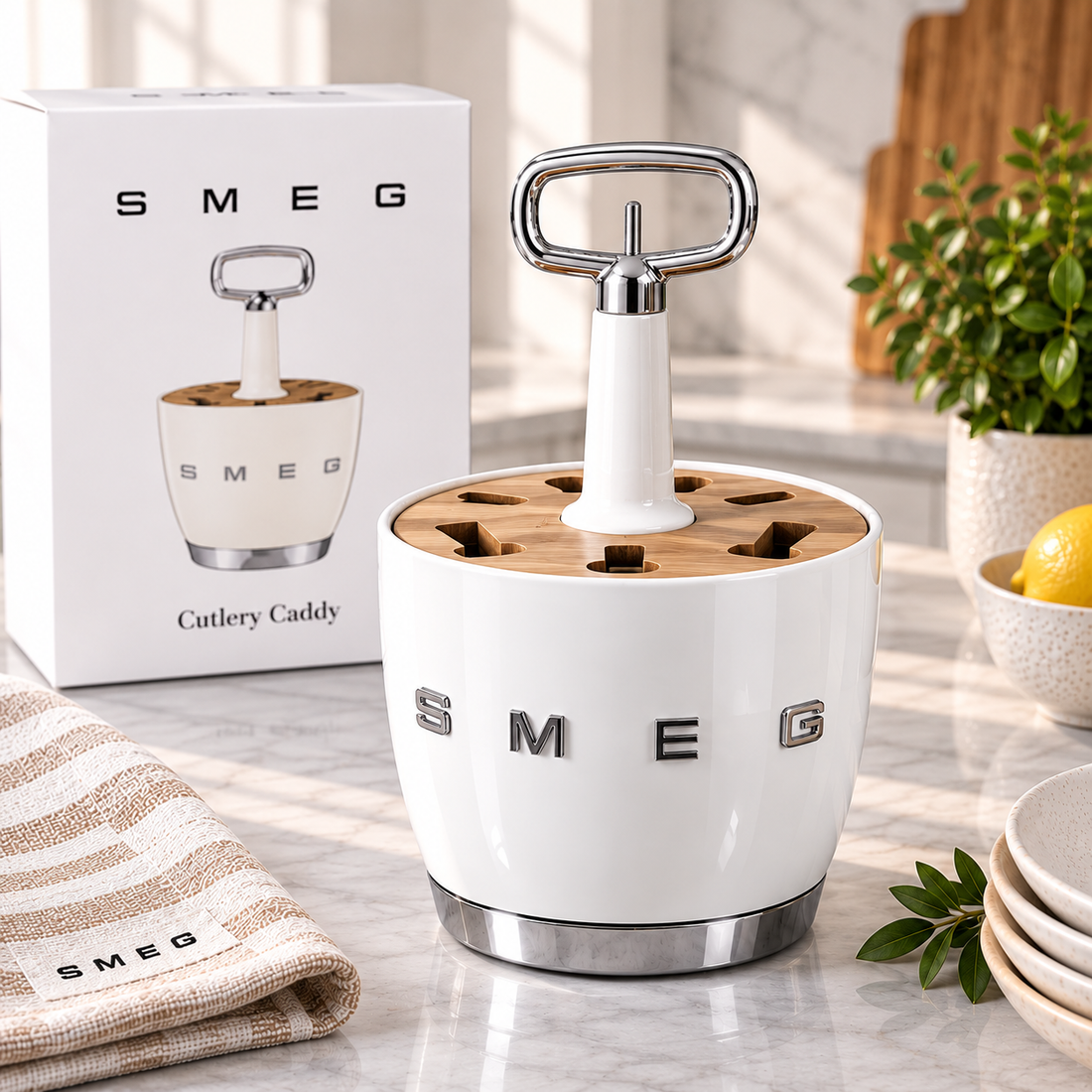 SMEG Cutlery Caddy – Kitchen Utensil Holder – White