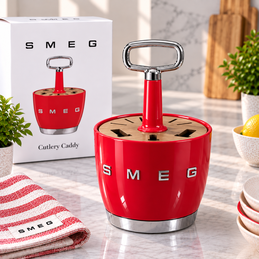 SMEG Cutlery Caddy – Kitchen Utensil Holder – Red