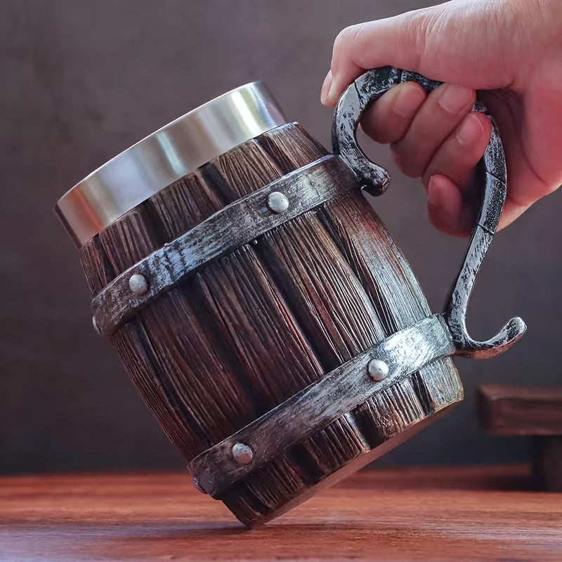 American Barrel Mug 500ml | Stainless Steel Rustic Beer Tankard with Wooden Finish