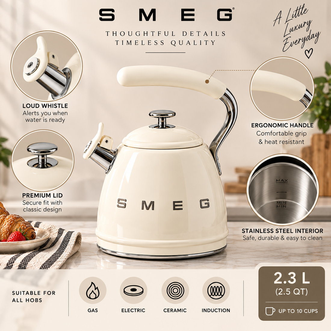 SMEG Whistling Kettle 2.3L – Cream 50’s Style Stovetop Tea Kettle