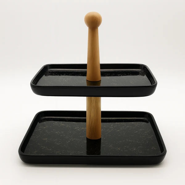 Two-Tier Black Serving Tray with Wooden Stand