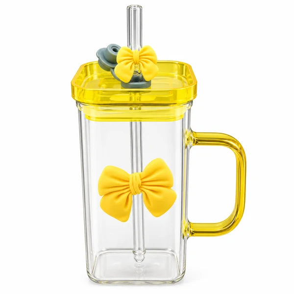 Cute Bow Glass Tumbler with Straw – Yellow | 380ml