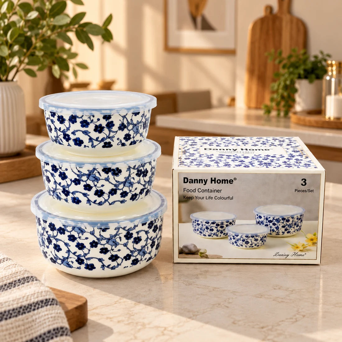 Danny Home Blue Flower 3-Piece Ceramic Food Container Set