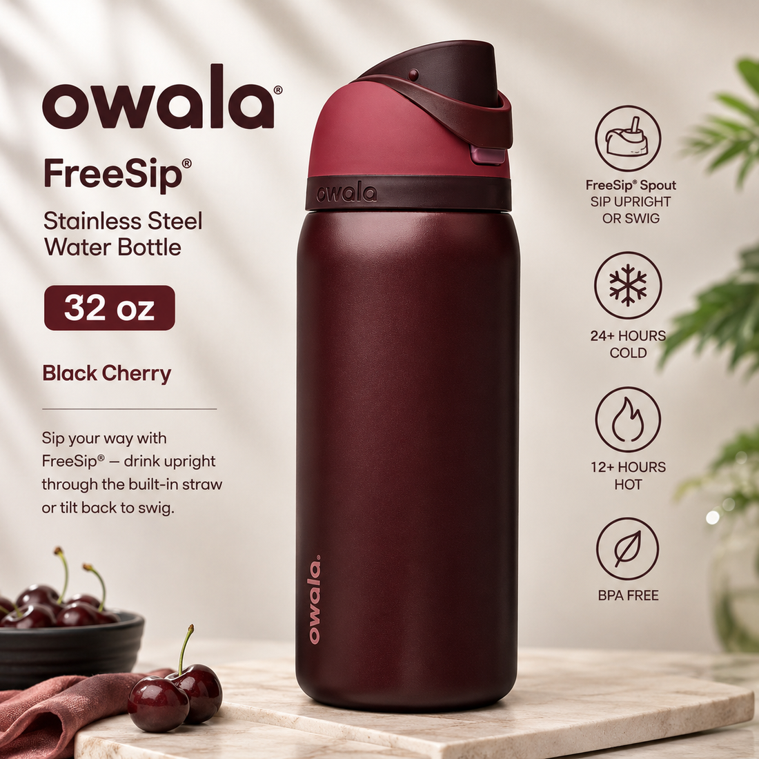 Owala FreeSip® Stainless Steel Water Bottle – 32 oz Black Cherry