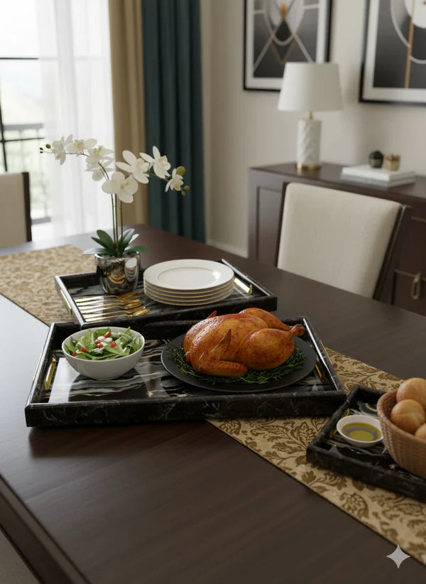 3-Piece Black & Gold Marble-Look Serving Tray Set