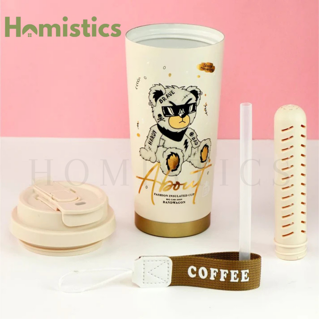 Hardy Fashion Insulated Coffee Tumbler with Infuser Tube & Inner Ceramic Liner – 520ml (White Bear)