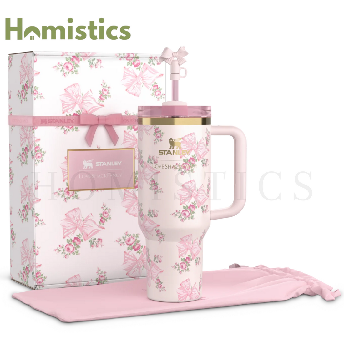 The Stanley X LoveShackFancy Holiday Quencher | 40 OZ- Rosa Beaux Pink