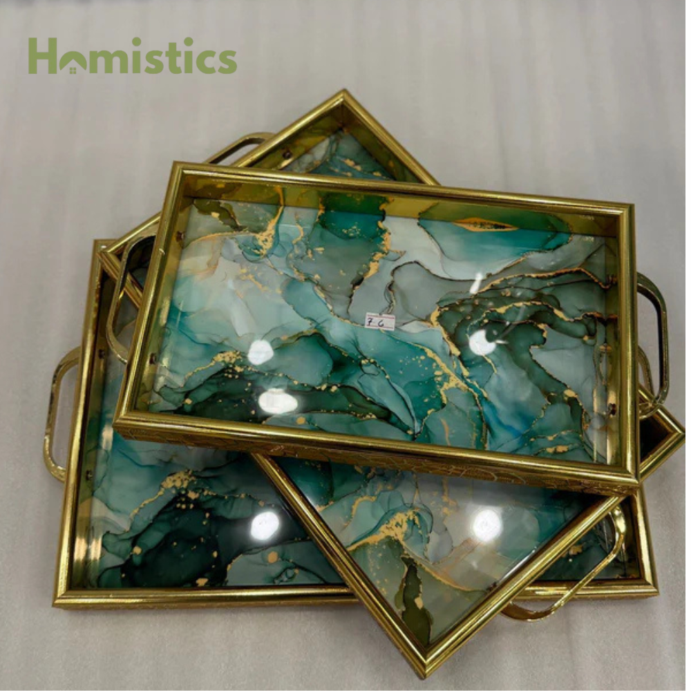 Luxury 3-Piece Green and Gold Abstract/Marble Serving Tray Set