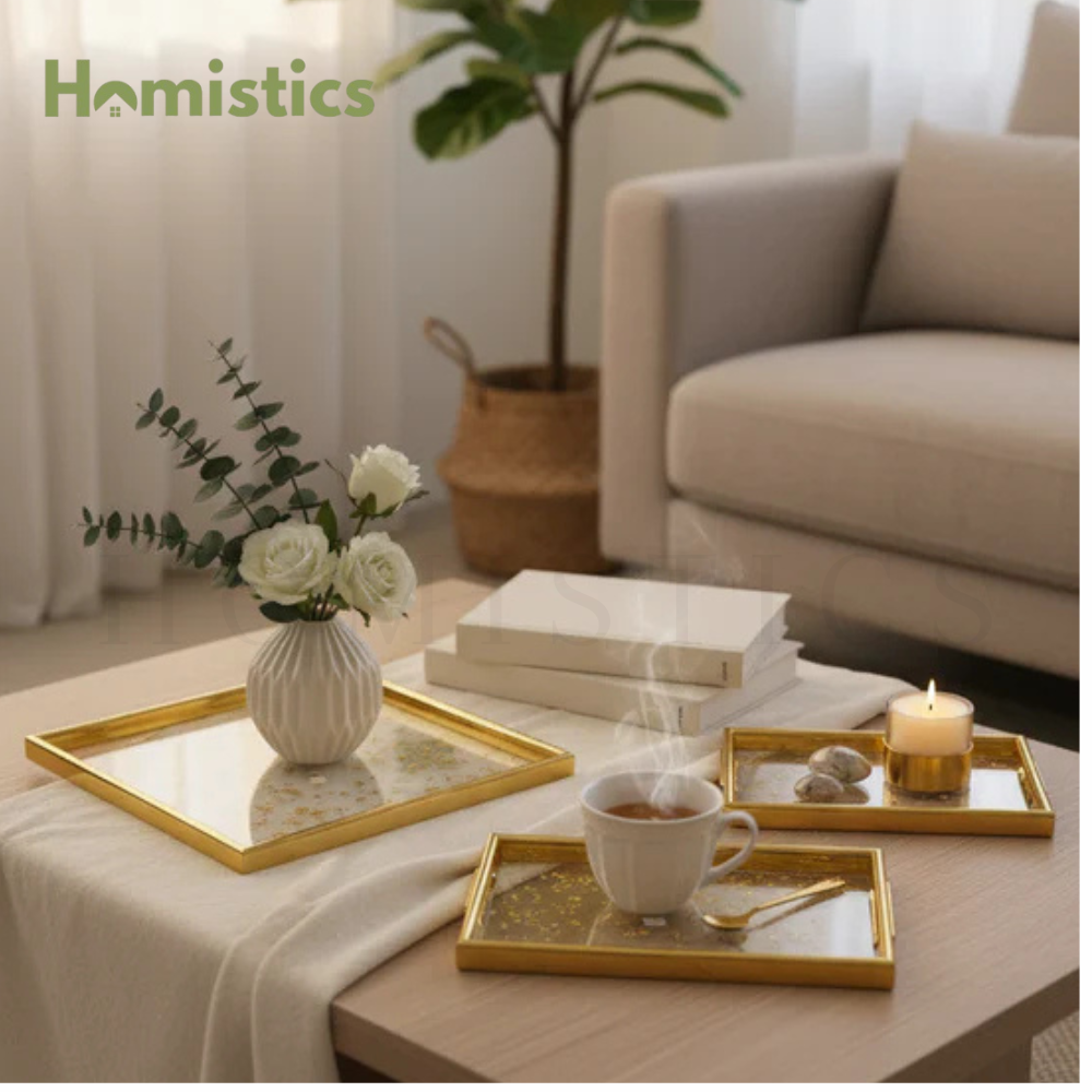3-Piece Gold Transparent Flowers -Design Serving Tray Set