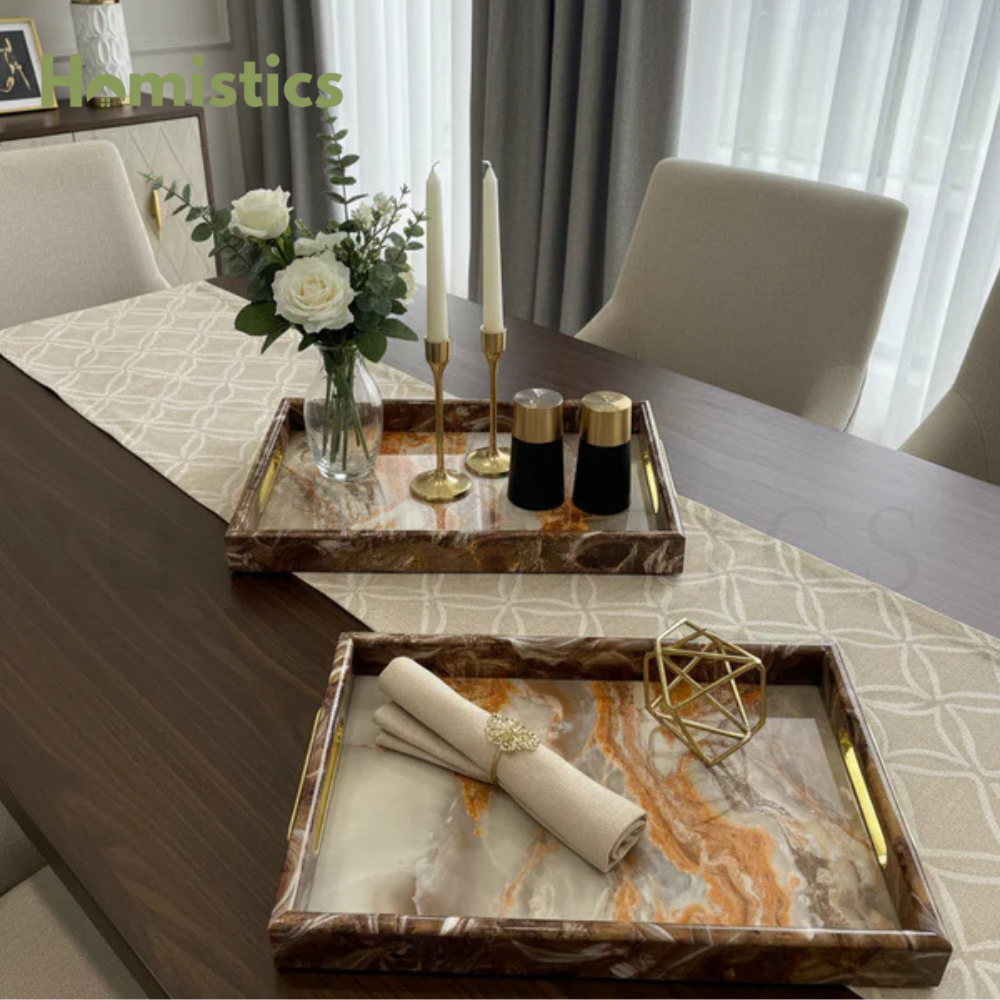 3-Piece Wooden & Marble/Textured Serving Tray Set