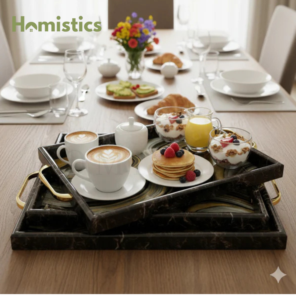 3-Piece Black Aesthetic & Gold Marble-Look Serving Tray Set