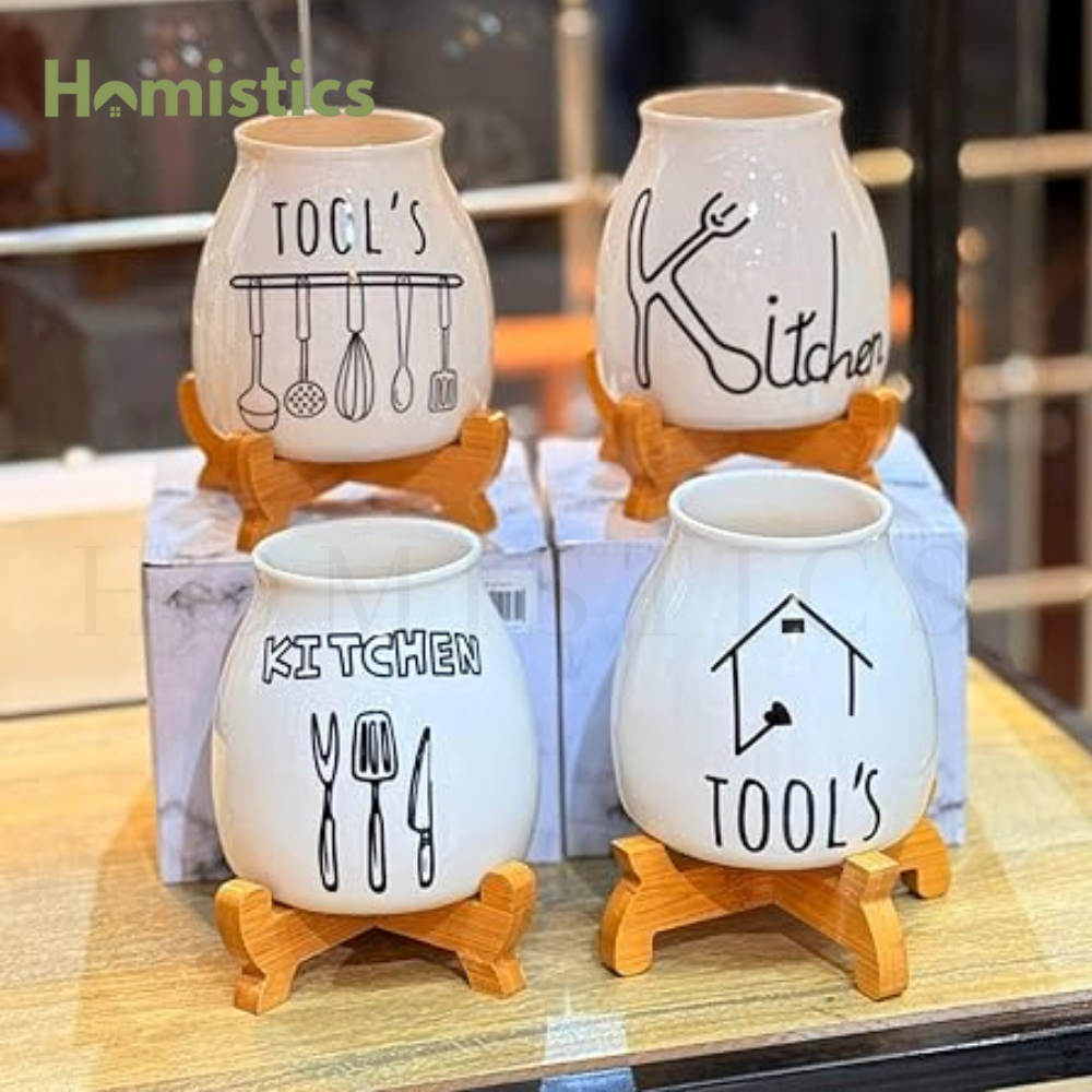 Porcelain Spoon Holder With Wooden Stand