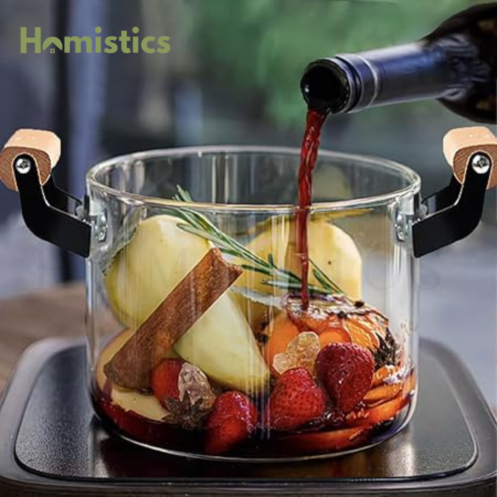 Professional Glass Cooking Pots With Heavy Wooden Handles