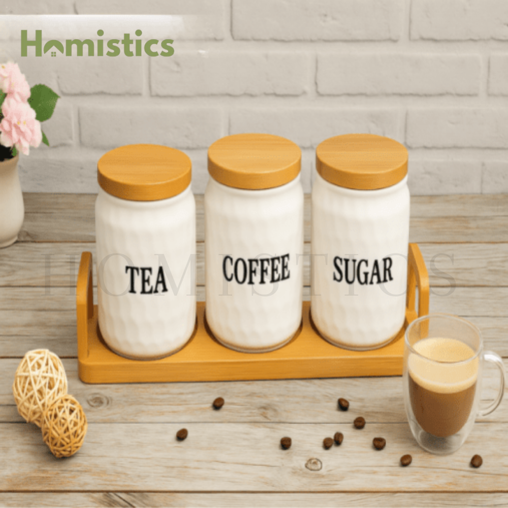 3-Piece Self Texture Airlock Tea Coffee & Sugar Jars With Wood Stand