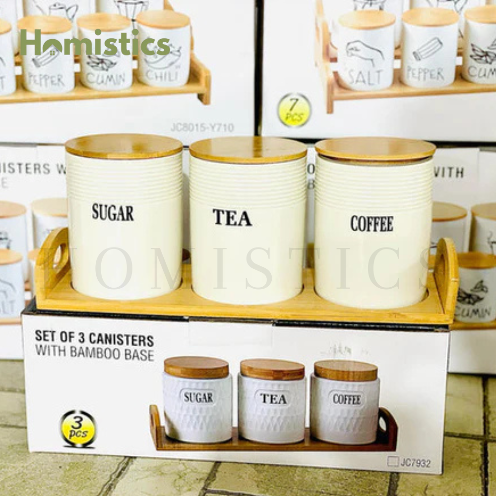 3-Piece Porcelain Air Tight Jar Set With Real Bamboo Wood Stand