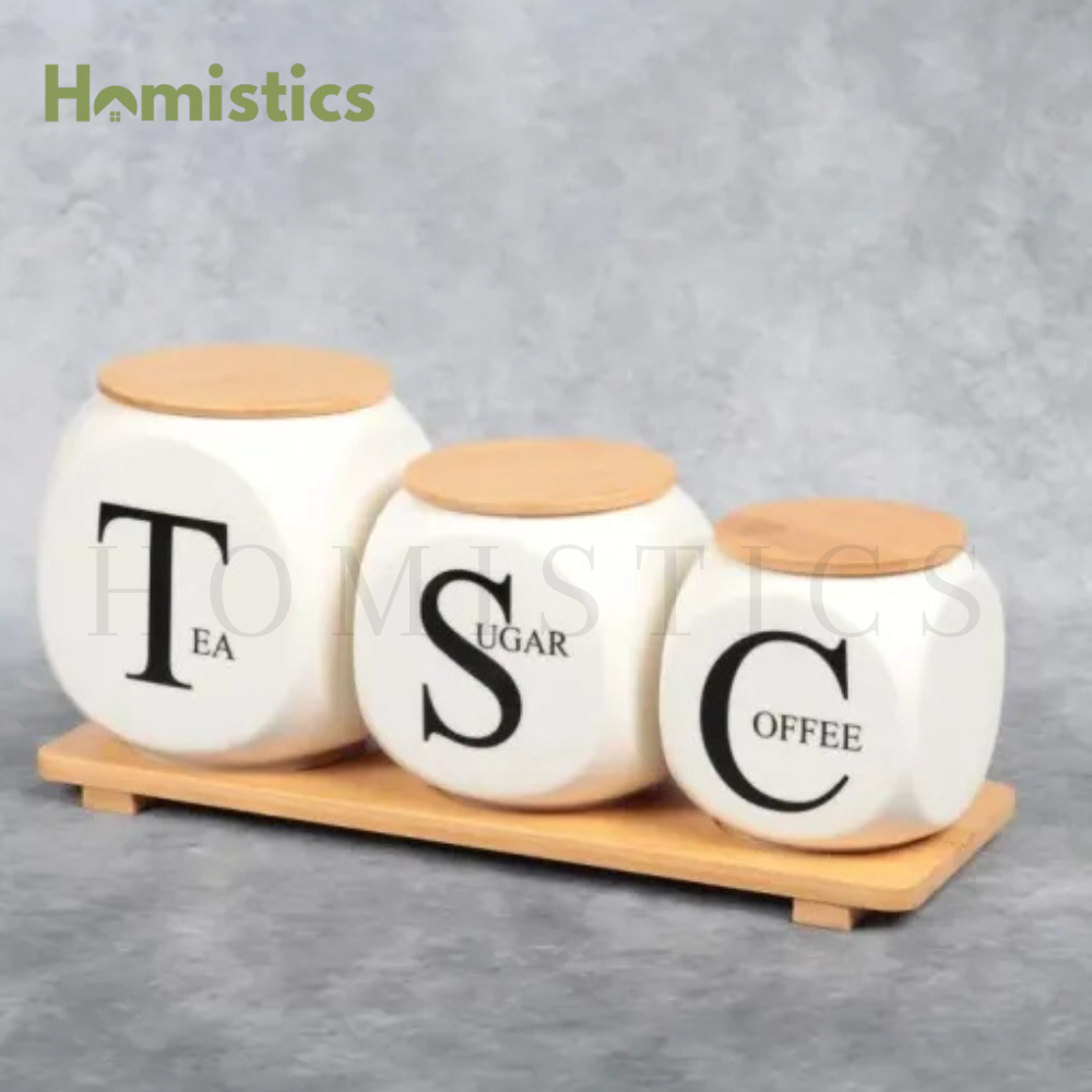 3-Piece Porcelain Air Tight Jar Set With Real Bamboo Wood Stand