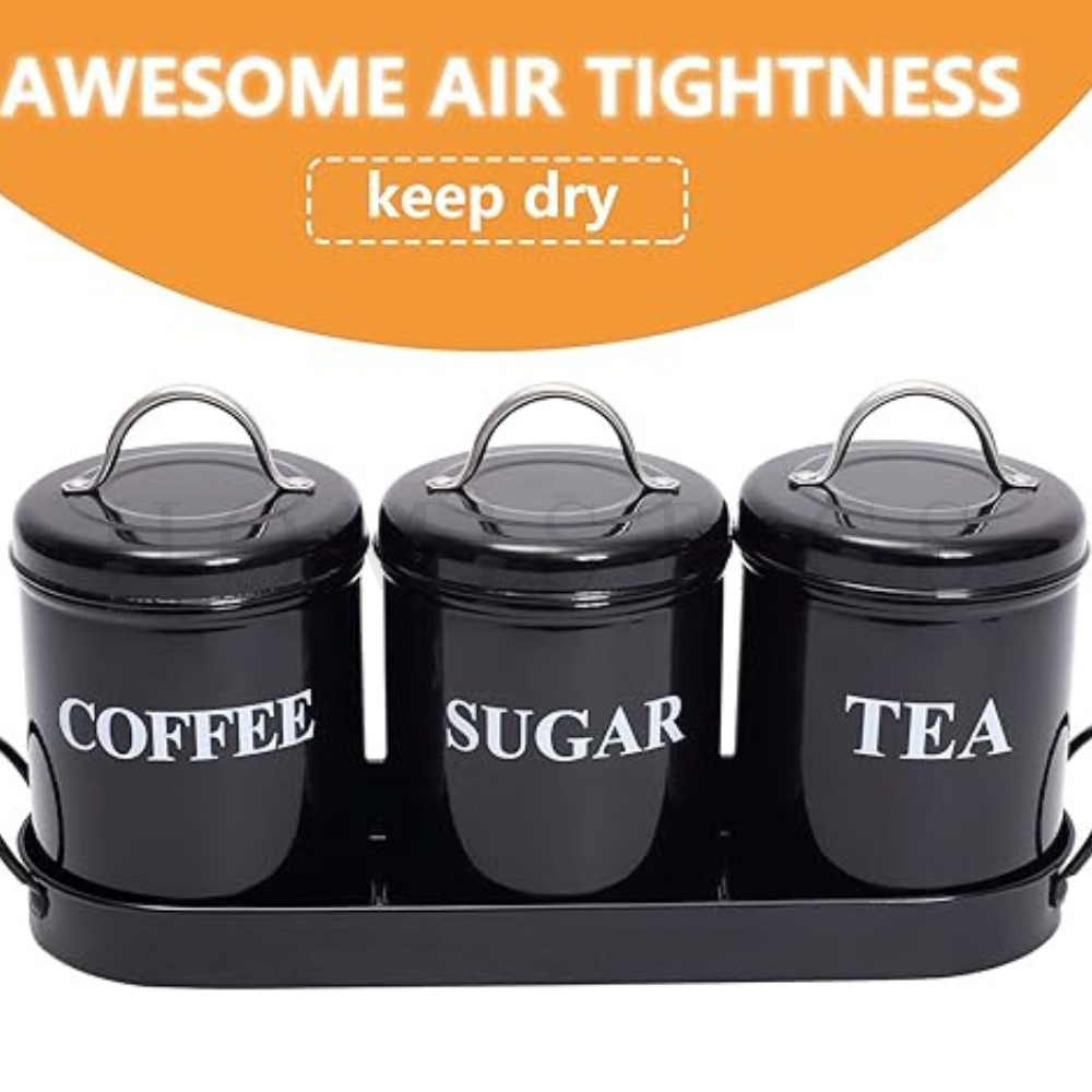 3-Piece Tin Jar Set for Tea, Coffee & Sugar | Classic Airtight Storage Containers with Tray | Vintage Metal Kitchen Canister Set