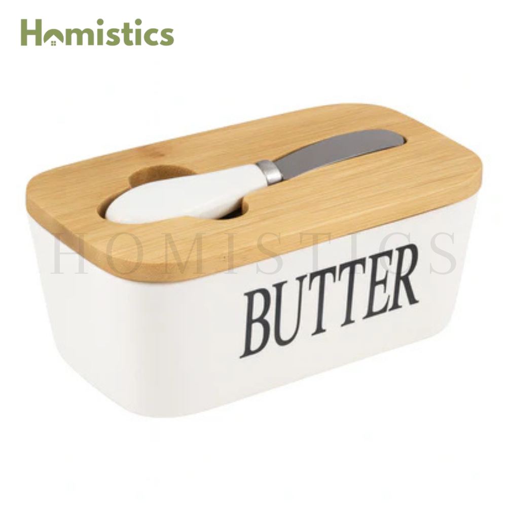 Ceramic Butter Dish with Bamboo Lid and Knife