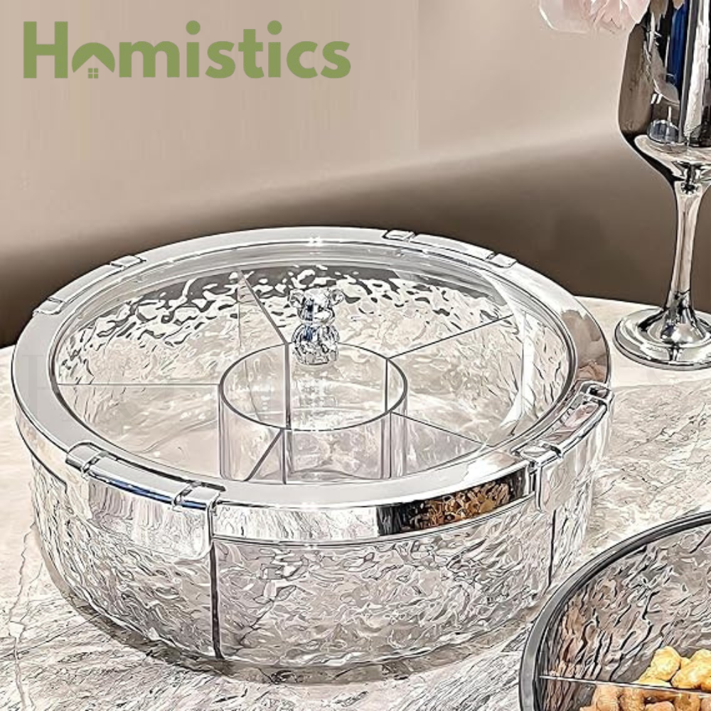 Luxury Crystal Snack Serving Bowl with Lid – 6-Compartment Dry Fruit & Nut Storage Organizer Tray