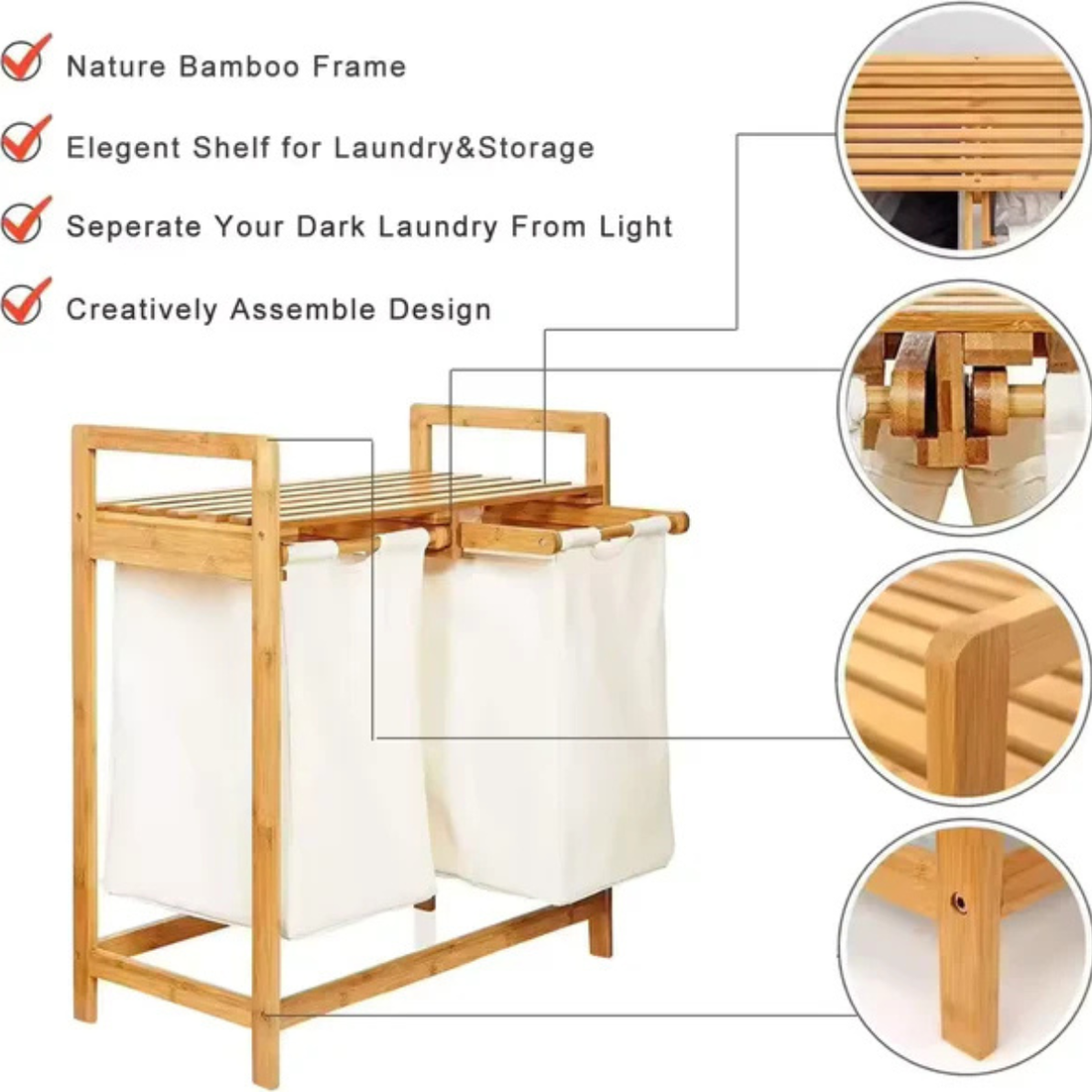 Bamboo Laundry Hamper With Dual Compartments - White