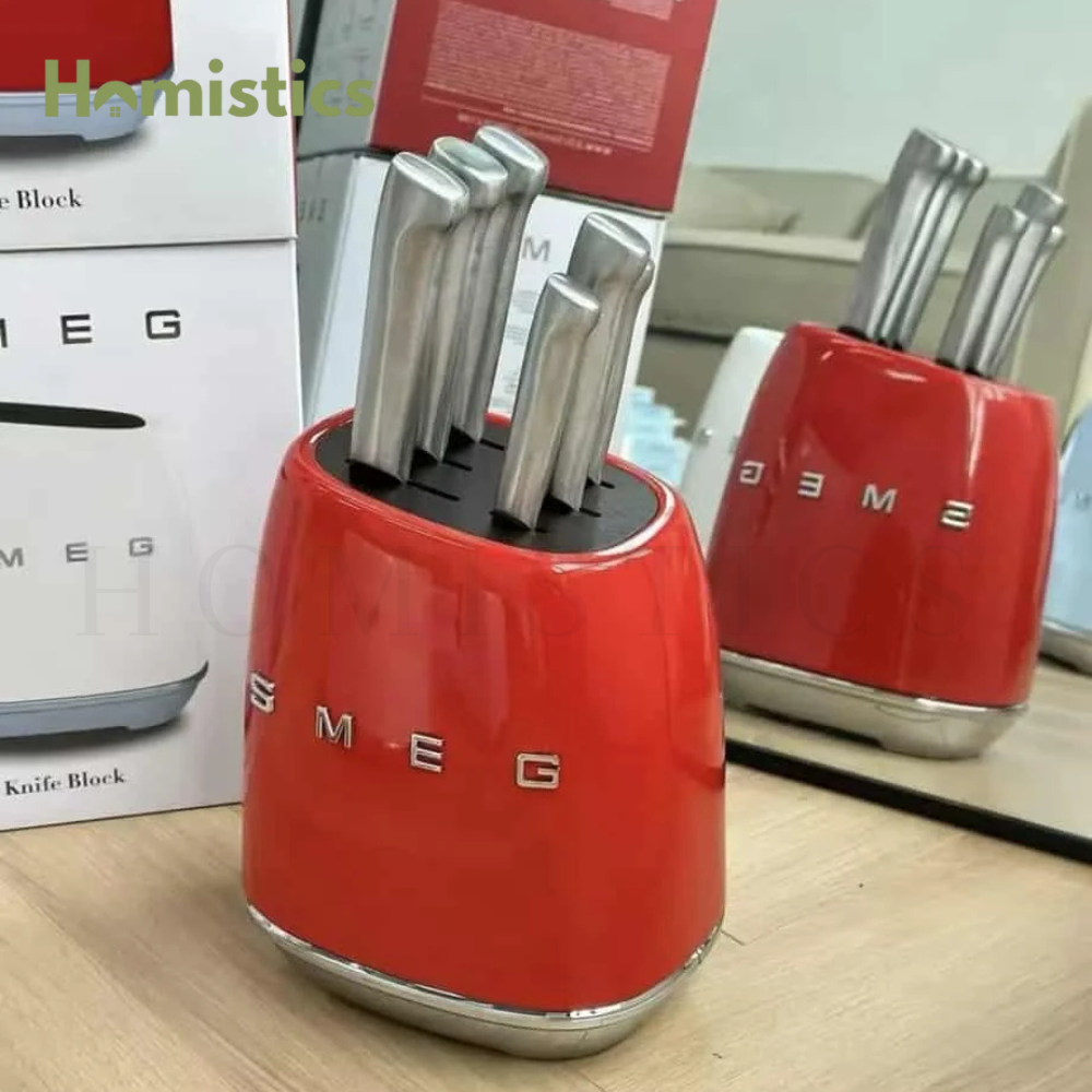 SMEG 7-Piece Knife Block Set - Premium Italian Design & Precision Cutting (Red)