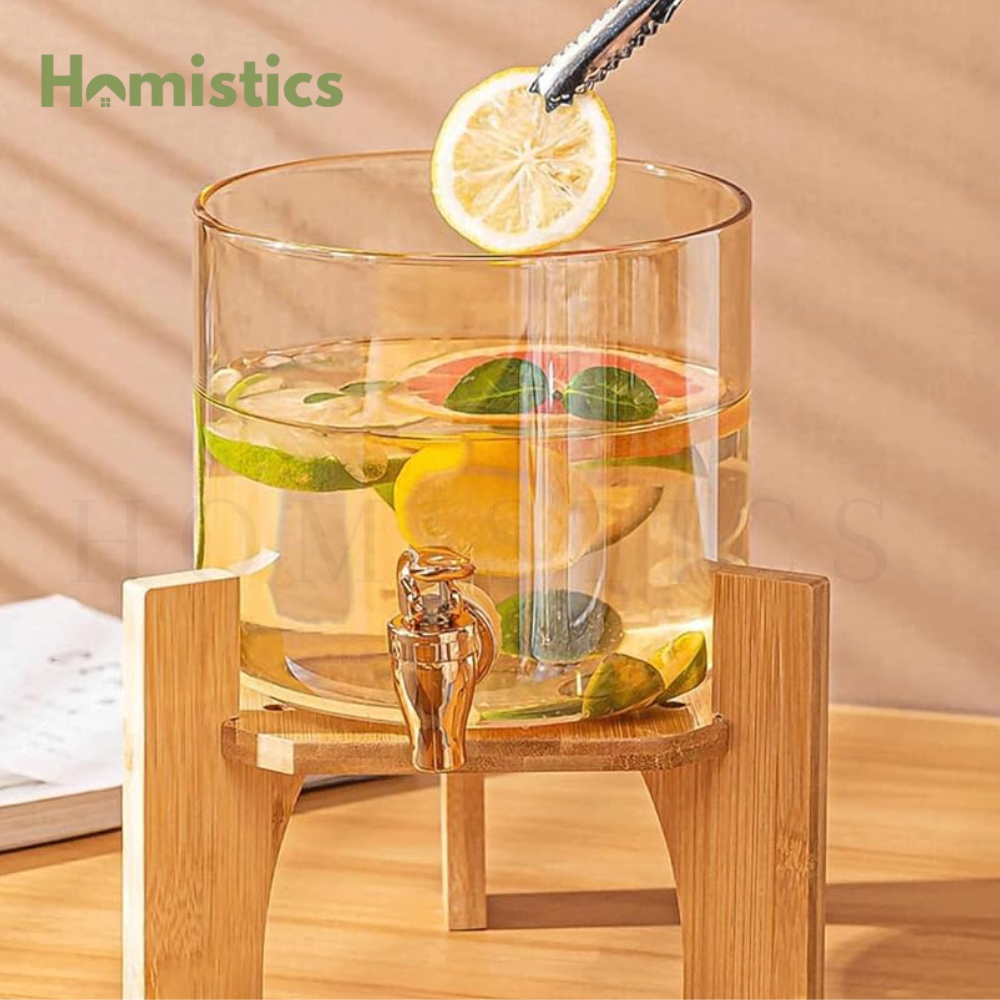 Premium Borosilicate Glass Beverage Dispenser with Wooden Stand - Amber Gold & Clear White