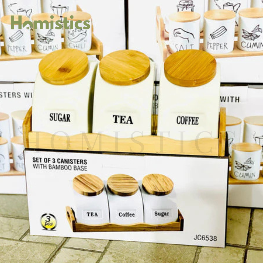 3-Piece Porcelain Air Tight Jar Set With Real Bamboo Wood Stand