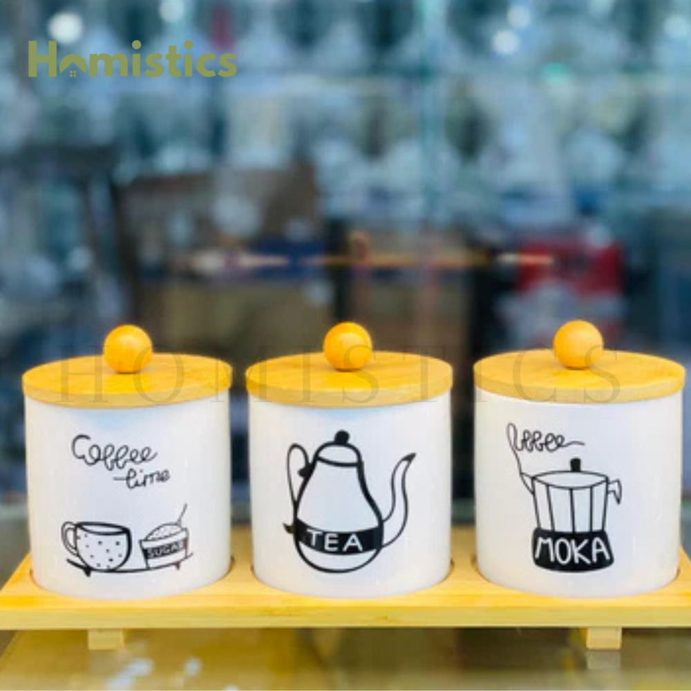 3-Piece Porcelain Air Tight Jar Set With Real Bamboo Wood Stand