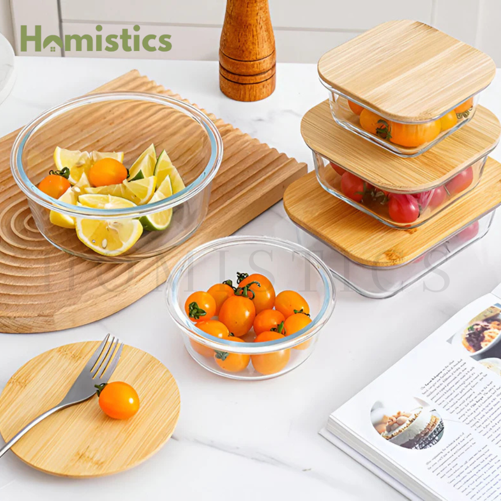 4Pcs Square Glass Storage Containers with Airtight Bamboo Lids