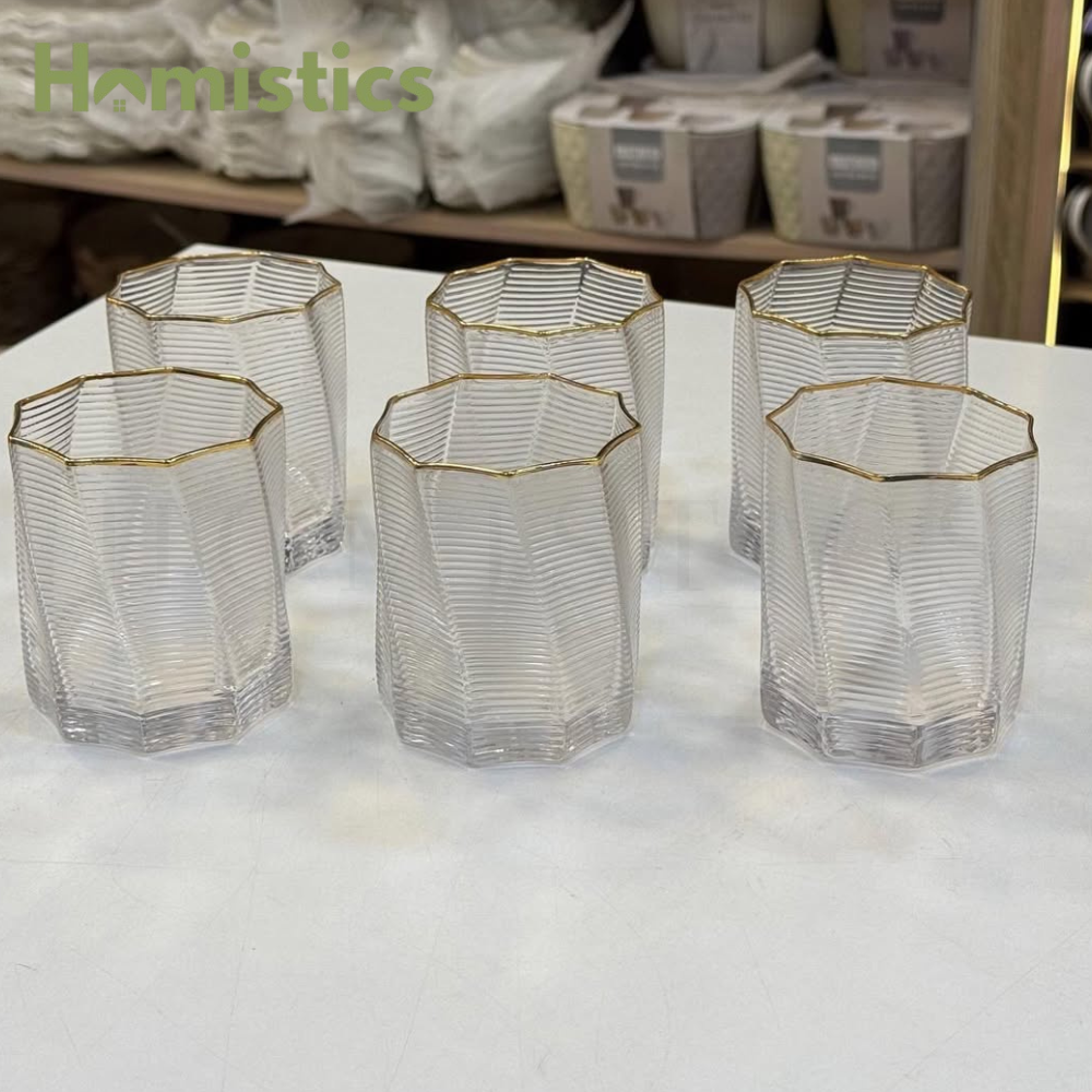 Russian Gold Rim Ribbed Wave Glass Set