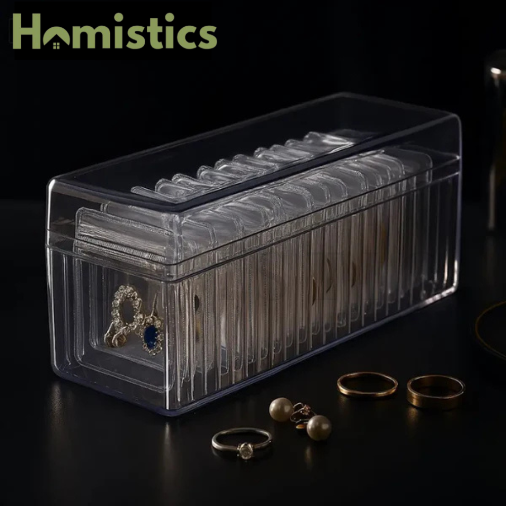 Clear Jewelry Organizer Box with 20 pvc Resealable Zip Bags – Compact Storage Case for Rings, Earrings, Necklaces & Small Accessories