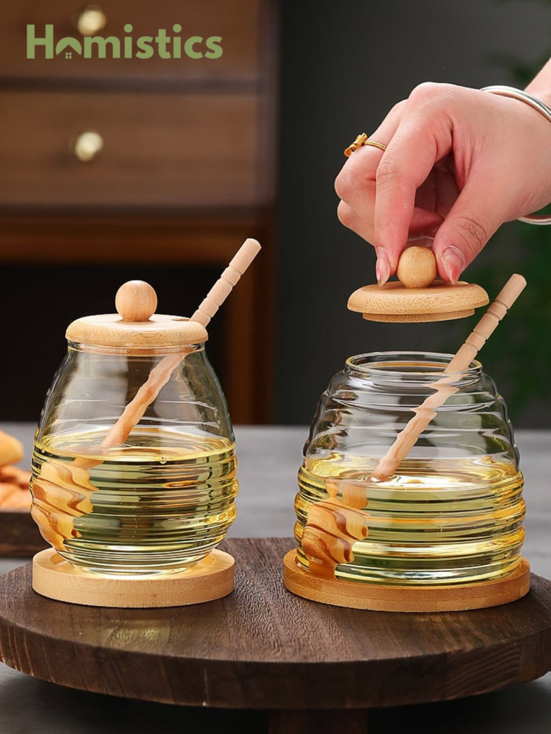 Multi-Purpose Glass Honey Storage Jars with Wooden Lid and Stirring Stick