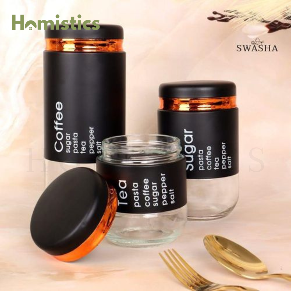 3-Piece Modern Glass Jar Set with Airtight Stainless Steel Lids Food Storage for Coffee, Sugar & Tea